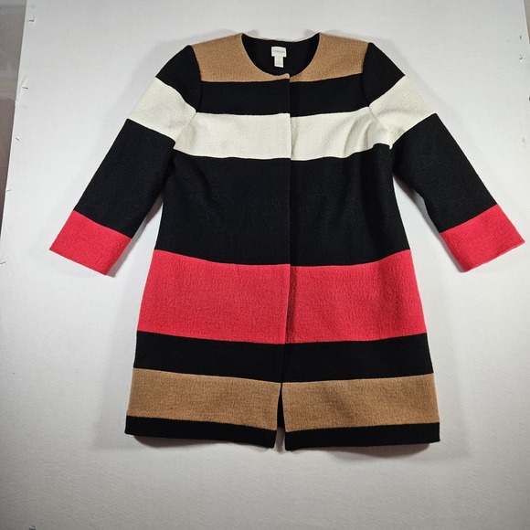 Chicos Coat 100% Wool Striped Colorblock Womens Size 2 Full Zip Pea Coat - Picture 2 of 7
